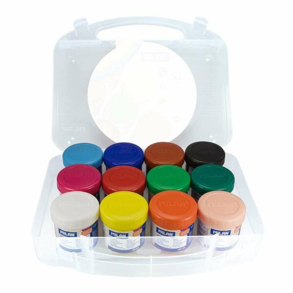 Milan Pack de 12 Botes de Tempera 40ml + 1 Pincel Serie 101 - Secado Rapido - Mezclable - Colores Surtidos