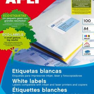 Apli Pack de 100 Etiquetas Permanentes - Tama?o 210 x 297mm - Multiples Usos - Color Blanco