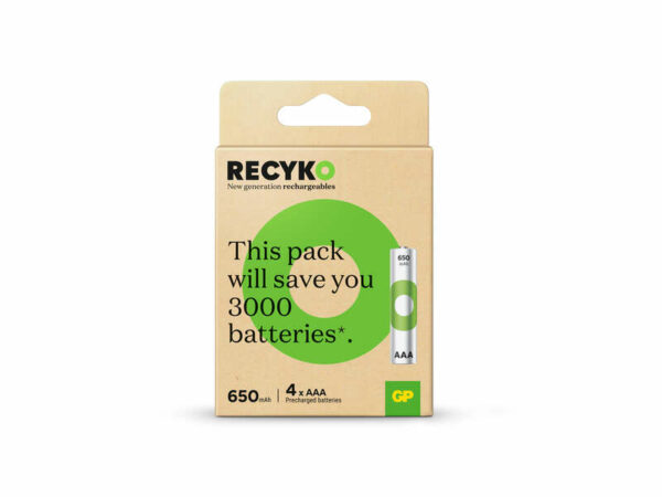 GP ReCyko Pack de 4 Pilas Recargables 650mAh AAA 1.2V - Precargadas - Fabricadas con mas del 10% de Materiales Reciclados