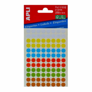 Apli Minibolsa de 288 Etiquetas Redondas ? 8mm - 3 Hojas por 96 Etiquetas - Adhesivo Permanente - Colores Surtidos