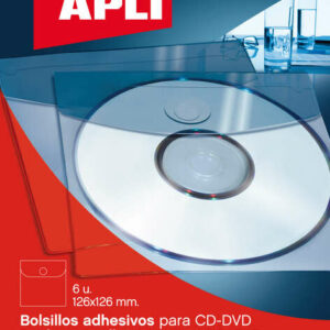 Apli Bolsillos Adhesivos para Cd/Dvd con Solapa de Cierre - Tama?o 126 x 126mm - Ideal para Presentaciones Impresas y Archivadores - Contiene 6 Bolsillos