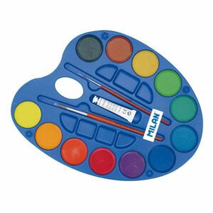 Milan Paleta de 12 Acuarelas ?45 mm + Tubo de Pintura Blanca + 2 Pinceles Serie 101 - Mezclable - Colores Surtidos