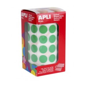 Apli Rollo de Gomets Redondos ? 15mm - Adhesivo Permanente - 2.832 Gomets - Adhesivo Base Agua - Libre de Disolventes - Color Verde